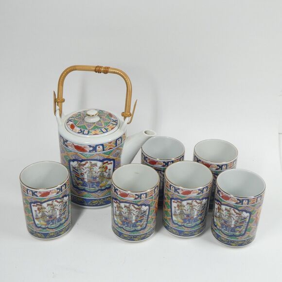 Japan Imari Export Sailing Black Ship Porcelain Teaset Teapot & 6 Cups Vintage - Picture 1 of 14